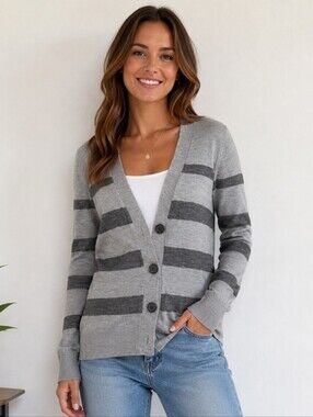 Ann Taylor LOFT Grey Striped Cardigan Women's Small S Wool Blend Lightweight EUC